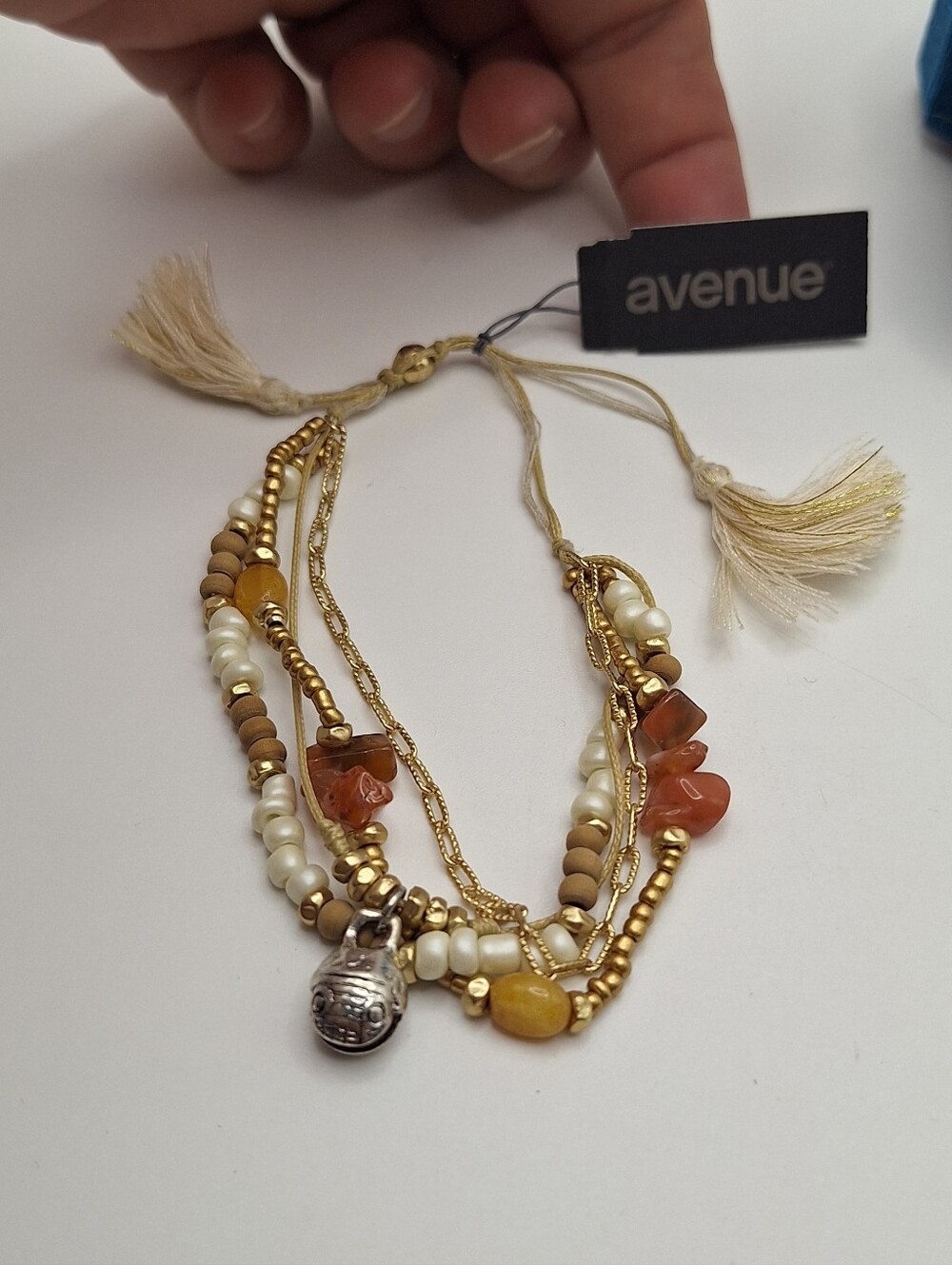 Avenue NWT Boho Multistrand Beaded Tassel Charm Bracelet Gold Tone